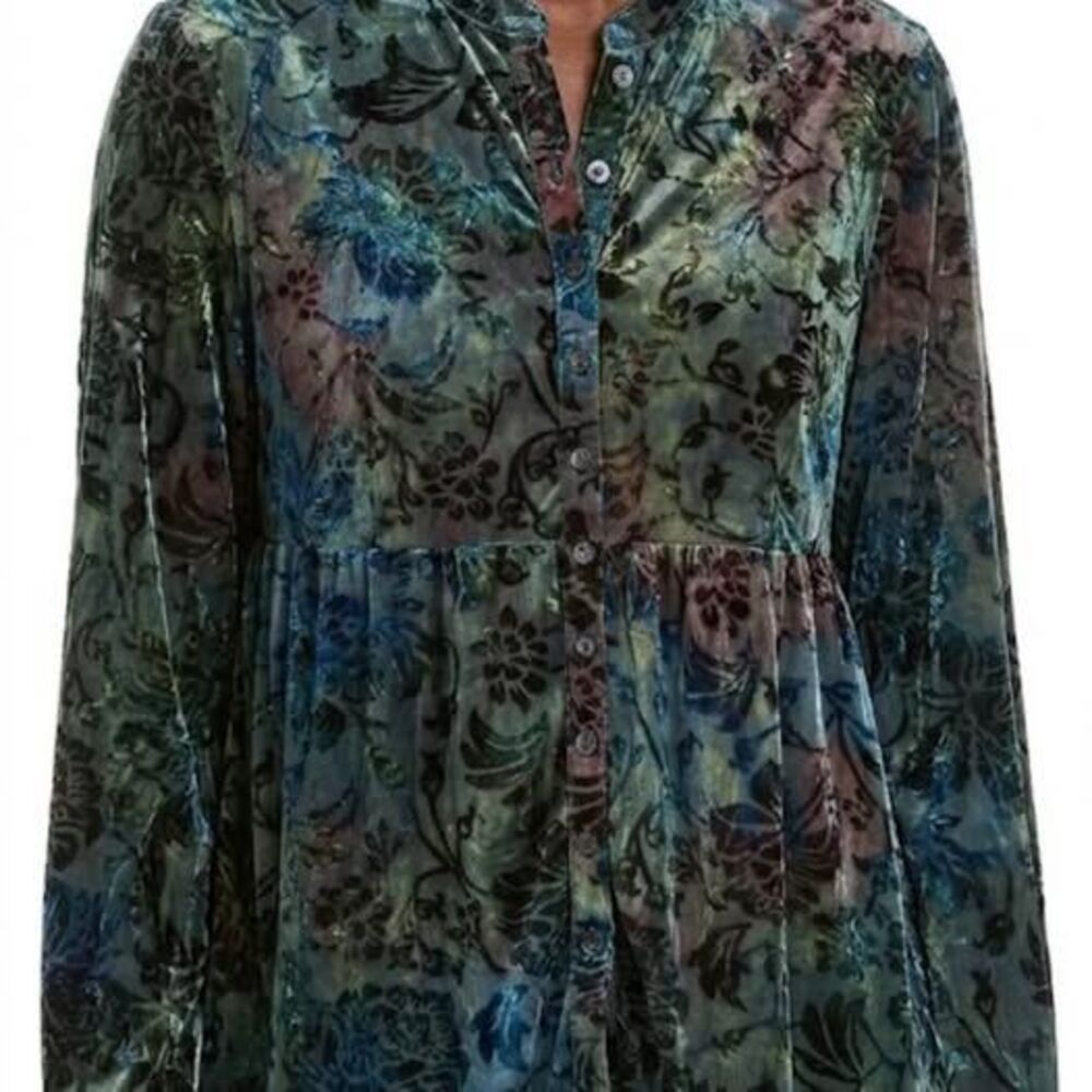 Chico's M Floral Burnout Velvet babydoll peplum Button-Down blouse